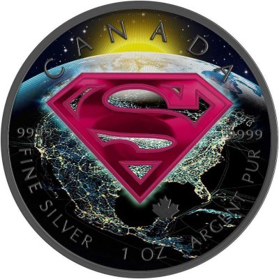 Canada SUPERMAN EARTH Canadian Maple Leaf $5 Silver Coin 2016 High relief of S-logo Ruthenium plated 1 oz